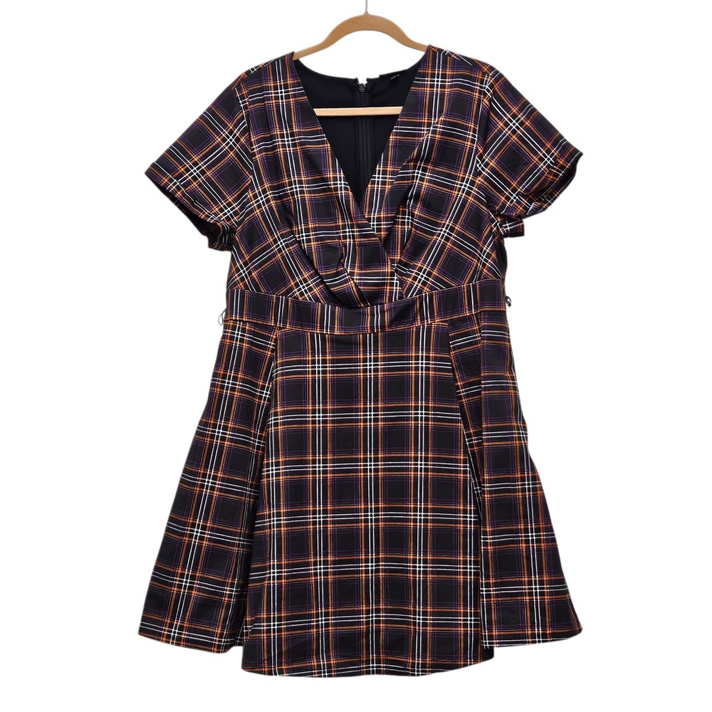 Retro Chic by Torrid Plaid V Neck Fit Flare‎ Dress 14 Purple Orange White Skater